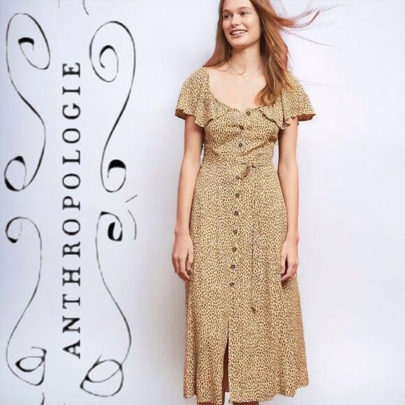Anthropologie Cheetah Print Dress Button Front Midi Dress Size 4 No Tie Waist - Picture 2 of 11